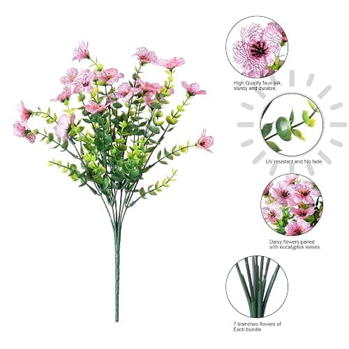 HyeFlora Artificial Flowers for Outdoor Indoor Garden Home Decoration, Faux Flower Daisy with Eucalyptus Leaves Fake Plants Greenery Boxwood Porch Patio, 12 Bundles (Pink) thumbnail 5