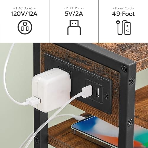 NIGHTSTAND | Amazon | HOOBRO Small Narrow Side Table with Charging Station, Skinny End Table for Small Spaces, Slim Nightstand with USB Ports Outlet, Sofa Beside Table with Storage Shelf, White and Gold DW102UBZ01 - 1 - Gold + White thumbnail 6