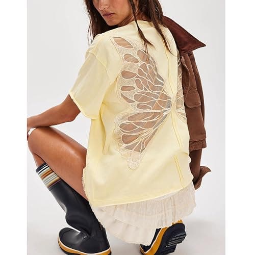 Women Butterfly Cutout Shirt Short Sleeve Crew Neck Solid Color Loose Fit Tee Vintage Y2K Streetwear Oversized Top thumbnail 4