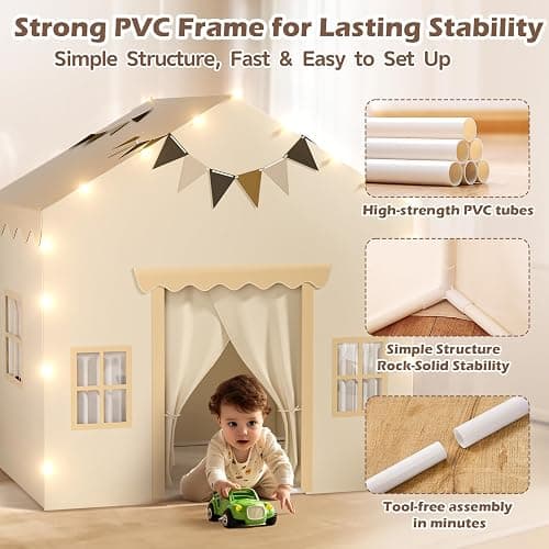 EagleStone 2-in-1 Kids Tent,Large Play Tent with Padded Mat and Lights,Kids Playhouse with 2 Doors & 4 Windows,2 Large Side Pockets,Indoor Outdoor Kid Play Tent for Toddlers,53" x40" x 51" thumbnail 7