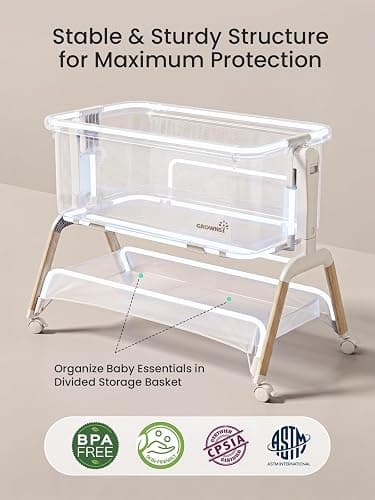 GROWNSY 5-in-1 Baby Bassinet Bedside Sleeper with Gentle Manual Rocking | 6 Adjustable Heights, Full Breathable Mesh, Convertible to Portable Crib, Bassinets with Mattress & Wheels, Beige thumbnail 9