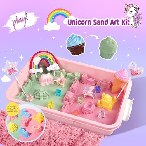 Weilim Unicorn Sensory Bin for Girl, Magic Sand Art Kit with Sandbox, Color Sand, Unicorn Fine Motor Kids Toy Christmas Birthday Gift for Toddler Ages 3 4 5 6 7 8 thumbnail 2
