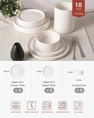 Famiware Porcelain Dinnerware Set, 18-Piece Modern Plate and Bowl Set, dish set for 6, Microwave and Dishwasher Safe Tableware, White thumbnail 3