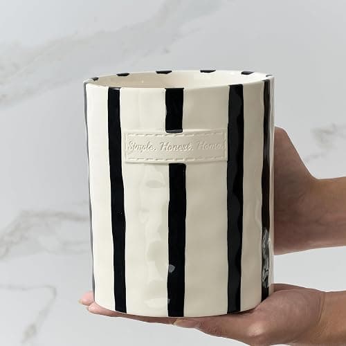 JIEMEI HOME Kitchen Utensil Holder, 7.2" Ceramic Stable Utensil Crock for Countertop, Modern Minimalism Style Cooking Tool Organizer with Cork Mat, Spatula Holder For Kitchen Decor, Black stripes thumbnail 6