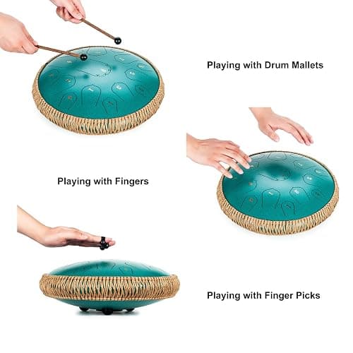 Steel Tongue Drum - HOPWELL 15 Note 14 Inch - Percussion Instrument - Hand Pan Drums with Music Book, Drum Mallets and Carry Bag, D Major, Malachite Green thumbnail 4