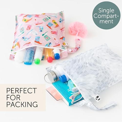 Bumkins Roamio - Waterproof Wet Bag - For Baby, Travel, Swim Suit, Cloth Diapers, Pump Parts, Pool, Gym, Toiletry, Strap to Stroller - Reusable & Easy to Clean - 2pk - Cowgirl Boots & Disco thumbnail 2