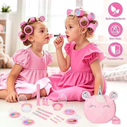 Kids Real Makeup Kit for Girls 3-10 Years Old : Washable Non Toxic Make Up Toys Sets for Toddler - 17Pcs Vanity Set with Unicorn Purse for Little Girl Ages 3 4 5 6 7 8 Birthday Gifts - Pink thumbnail 4