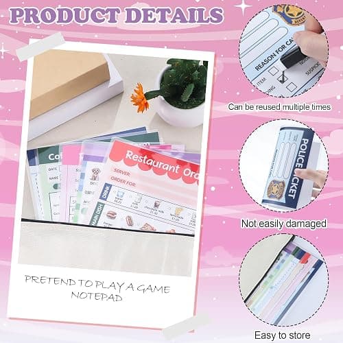 Eaasty 15 Pcs Kids Pretend Game Cards Set Include 6 Reusable Dry Erase Pads 6.3" x 8.7" 1 Canvas Bag 8 Erasable Markers for Imaginative Role Playtime Doctor Police Teacher Vet Coffee Restaurant thumbnail 3