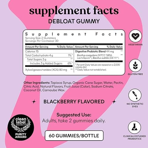 Lemme Debloat Digestive & Gut Health Gummies, 30-Day Supply | 2 Clinically Studied Probiotics & Prebiotic, Vegetarian, Gluten Free, Non GMO, BlackBerry Flavor thumbnail 6