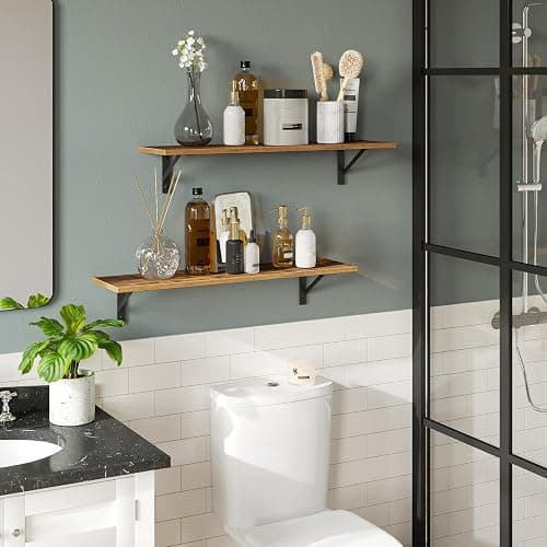 DINZI LVJ Long Wall Shelves, 31.5 Inch Wall Mounted Shelves Set of 2, Easy-to-Install, Wall Storage Ledges with Sturdy Metal Brackets for Living Room, Bathroom, Bedroom, Kitchen, Rustic Brown thumbnail 7