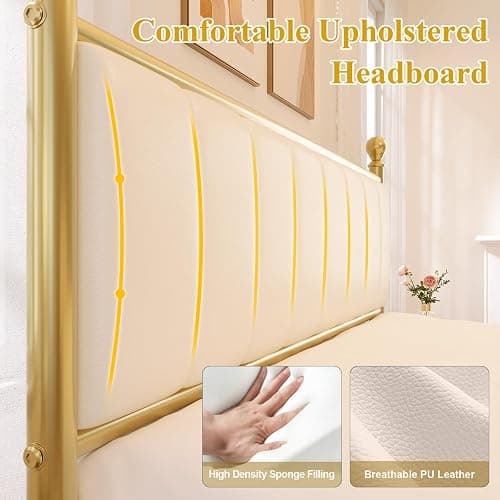 E-Motie Full Size Bed Frame with Headboard, Upholstered Platform Metal Beds Frame Full, Supported by Strong Metal Slats, No Box Spring Needed, Easy Assembly, Noise-Free, Gold thumbnail 6
