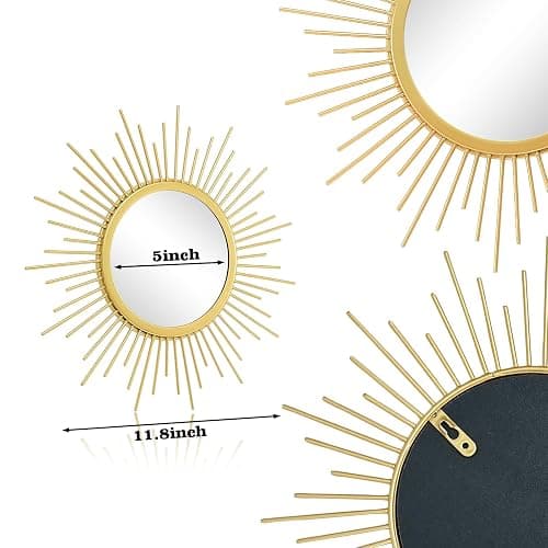 Cityelf 3 Set Gold Sunburst Mirrors for Wall Decorative Metal Mirrors Small Mirror Sets Decor Hanging Mirror Wall Sculpture for Bedroom Living Room Entryway thumbnail 3
