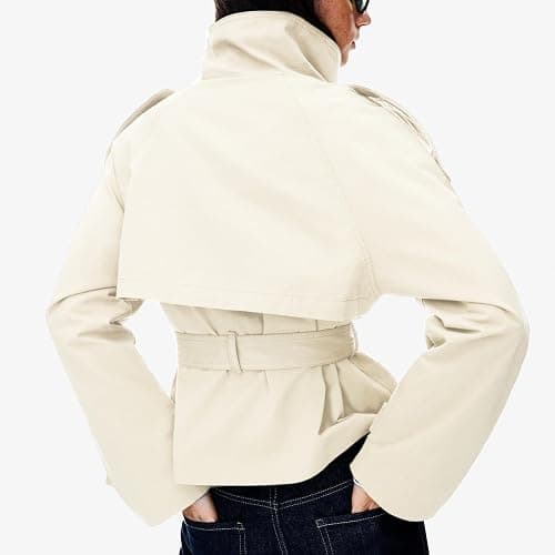 Maohao Women's Cropped Trench Coat Double Breasted Short Jacket High Collar Fall Winter Coats Trendy Outfit with Belt thumbnail 4