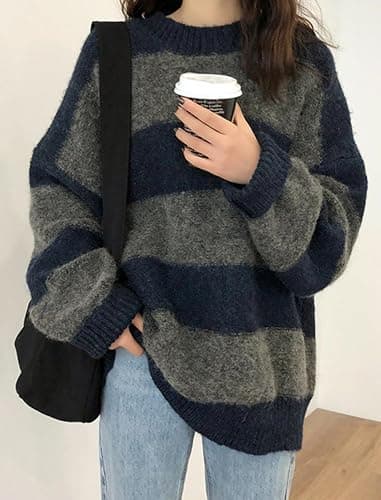 EMMIOL Women's Oversized Striped Sweaters 2025 Fall Trendy Long Sleeve Knit Outfits Crewneck Fashion Pullover Tops thumbnail 2