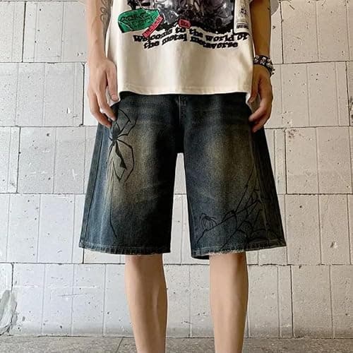 FENXIXIONE Mens Aesthetic Baggy Denim Loose Harajuku Y2k Fashion Streetwear Jean Jorts Spider Baggy Loose Straight Wide Leg Shorts thumbnail 2