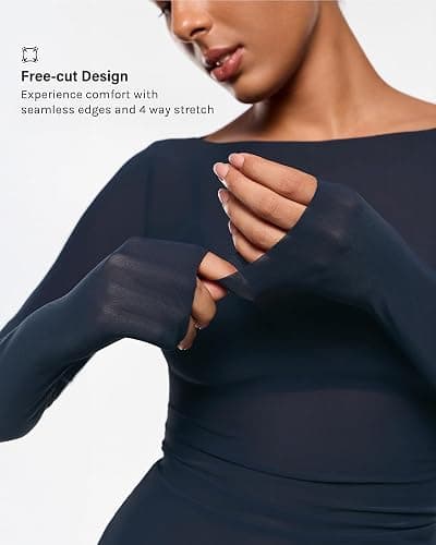 INLYRIC Women's Cosnufy Mesh Sheer Long Sleeve Tops See Through Boat Neck Going Out Tops Trendy Sexy Shirts thumbnail 5