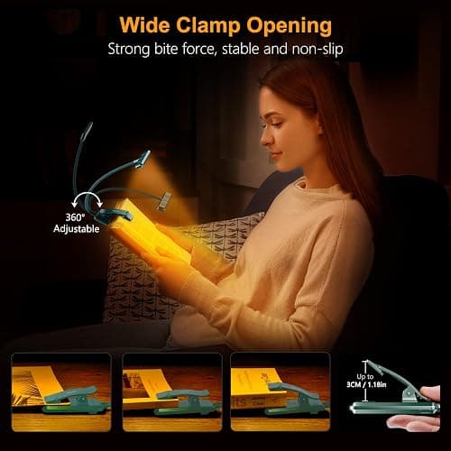 Gritin 19 LED Rechargeable Book Light for Reading in Bed | Eye Caring 3 Color Temps,Stepless Dimming Brightness,Memory Function,90 Hrs Runtime Lightweight Clip on Light-Blackish Green thumbnail 6