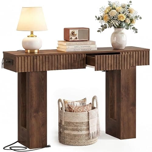 Unikito 47" Entryway Table with 2 Storage Drawers & Outlets, Fluted Design | USB-C Charging, Narrow Sofa Table Behind the Couch, Versatile Console Table for Entryway Hallway Foyer Living Room - Image 1