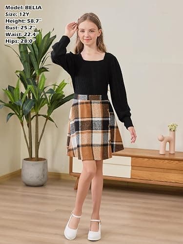 GORLYA Girls 2 Piece Fall Skirt Sets Long Sleeve Rib Knit Tops Casual Asymmetrical Plaid Skirt Kids Clothes Outfits 6-14Y thumbnail 4