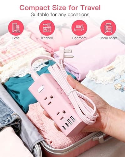 10Ft Extension Cord with Multiple Outlets, Flat Plug Power Strip Surge Protector with 10 Ft Long Cord, 6 Outlet 3 USB Ports (1 USB C), Multi Outlet Wall Plug for Travel, Dorm Room Essentials-Pink thumbnail 7