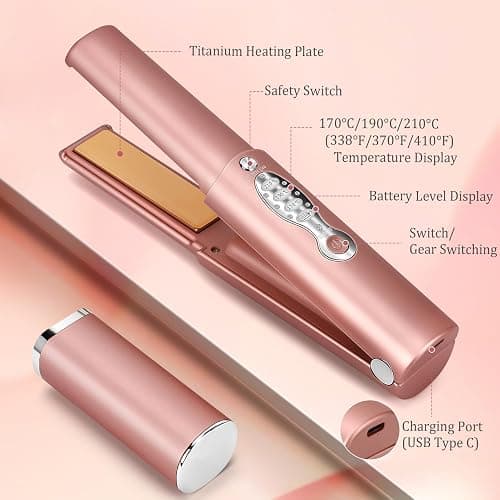 Cordless Titanium Hair Straightener and Curler w Cover, Portable USB Rechargeable Fast Heat Up Flat Iron Travel Size with 5V/5000mAh Battery, Anti-Scald 3-Level for Smooth, Swift and Glossy Hair(Pink thumbnail 4