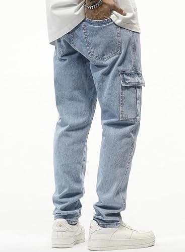 JMIERR Men's Elastic Waist Cargo Jeans Stretch Denim Pants with Drawstring Relaxed Fit for Casual Daily Wear thumbnail 2