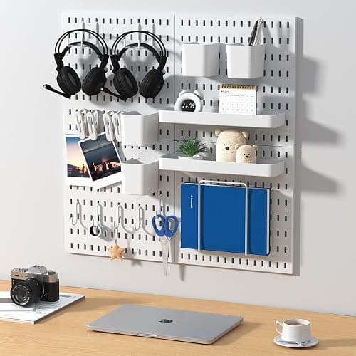 VEOFEMLEA Peg Board Combination Kit, 4 Pegboards with 20 Accessories, Pegboard Wall Organizer for Office, Nursery & Home Storage, Key Holder, 25.6"x25.6" – Nail-Free Installation（White） thumbnail 2