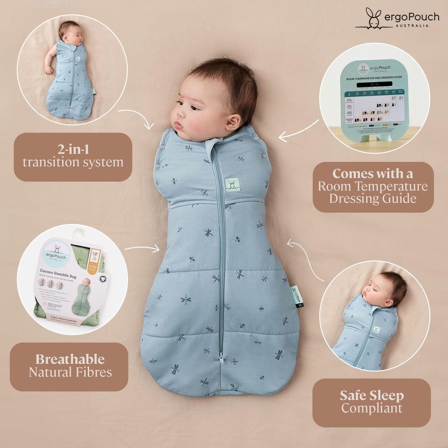 ergoPouch Cocoon Swaddle Bag – TOG Rated for Warmth, Breathable Organic Cotton Baby Swaddle, Two-Way Zip, Arms In or Out thumbnail 4