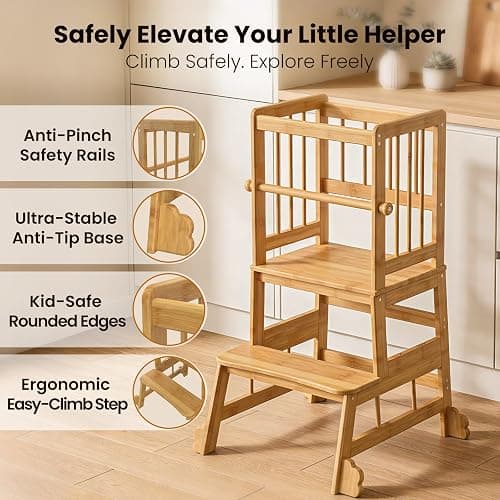HBTower Toddler Standing Tower, Kids Kitchen Step Stool with Safety Rails | Stable Toddler Learning Tower for Kitchen Counter with Anti-Slip Feet, Hold Up to 450 LBS, Natural Bamboo & Easy to Clean thumbnail 3