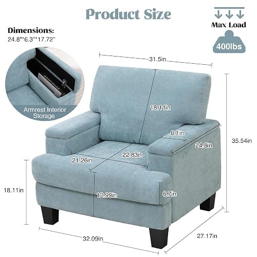 choairy Accent Chair with Storage Armrest, Modern Upholstered Reading Living Room Chairs, Comfy Large Armchair, Fabric Single Sofa Chair for Bedroom (Green) thumbnail 3