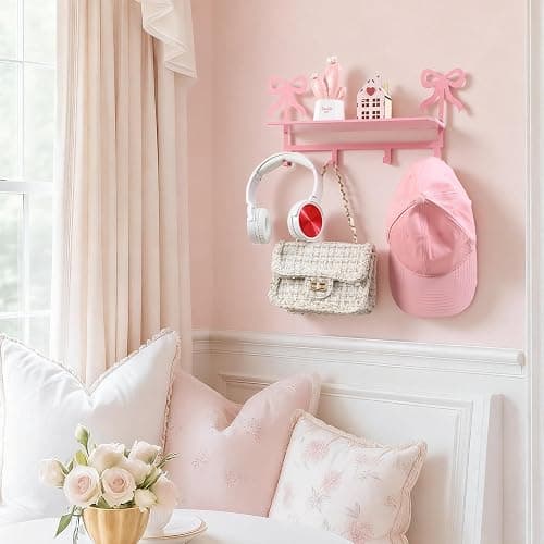 Otoolling Wall Hooks with Shelf Pink Bow Key Holder Metal Coat Clothes Rack Wall-Mounted Entryway Hanging Shelves with 5 Metal Hooks Cute Coquettish Room Wall Decor for Nursery Room Bedroom Kitchen thumbnail 6