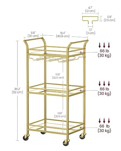 VASAGLE Bar Cart, Home Bar Serving Cart, Small Bar Serving Cart with 3-Tier Shelf, Wine Holders, Glass Holders, Mini Bar Cart for Small Spaces, Kitchen, Dining Room, Living Room, Pale Gold thumbnail 3