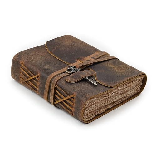 LEATHER VILLAGE Vintage Leather Journal – 200 Handmade Vintage Deckle Edge Paper – Leather bound Journal For Women Men – Vintage Key Closure - Book of Shadows - Cappuccino Brown - 8X6 inches (A5) - Image 1