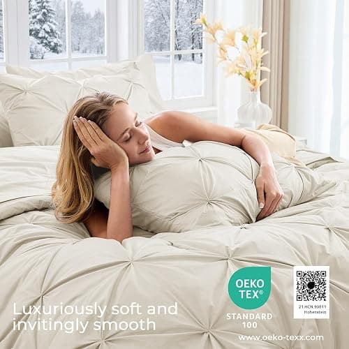 Sasttie Queen Comforter Set, 7-Piece Bed in a Bag, Pintuck Bedding Sets for All Season, Includes Comforter, Flat Sheet, Fitted Sheet, Pillowcases and Pillowshams, Beige thumbnail 3