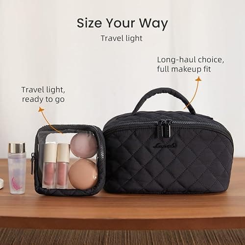 LOVEVOOK Travel Makeup Bag for Women, 2Pcs Puffer Waterproof Cosmetic Organizer, Large Capacity Pouch Open Flat Small Toiletry Bag with Brush Compartment & Handle (Black, Medium) thumbnail 6