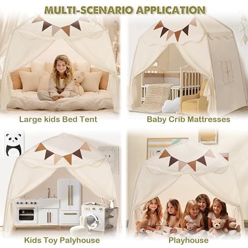 Extra Large Kids Play Tent with Flags & Star Lights, Portable & Foldable Teepee, Boys & Girls, Indoor Outdoor Dome Tent Playhouse, 59x39x59 in, Cream thumbnail 3