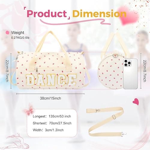 Dance Bag for Girls, KUIRAN 23L Waterproof Travel Duffel Bag with Colorful Chenille Letter, Lightweight Small Gym Sport Ballet Weekender Bag with Large Main Compartment - Strawberry/White thumbnail 3