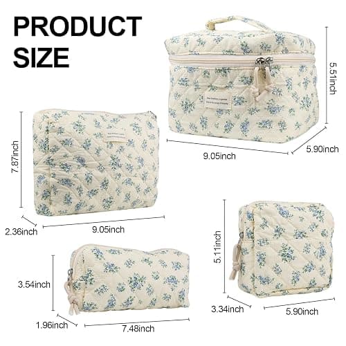 VIWIME Makeup Cosmetic Bag, Large Cotton Quilted Travel Coquette Aesthetic Cute Floral Make up Bag for Women Toiletry Bag Organizer (203- Blue Rose / 4Pcs) thumbnail 3