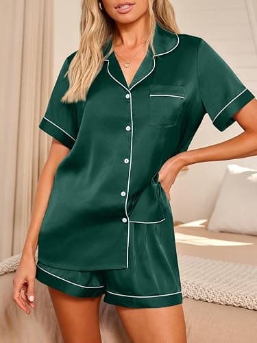 LILLUSORY Silk Satin Pajama Set for Women 2 Piece Lounge Pjs Shorts Matching Summer Sleepwear Button Down Shirt Shorts thumbnail 2