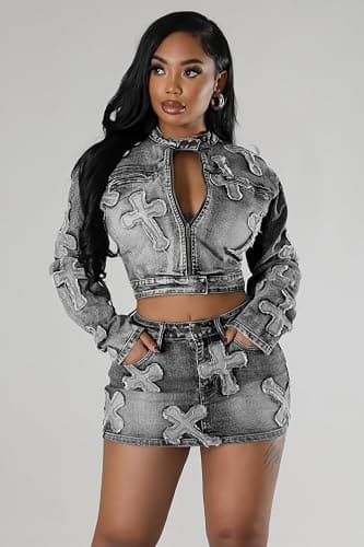 Vssjavun Women 2 Piece Denim Outfit Sexy Long Sleeve Zip Up Jean Jacket Bodycon Mini Skirt Sets thumbnail 2