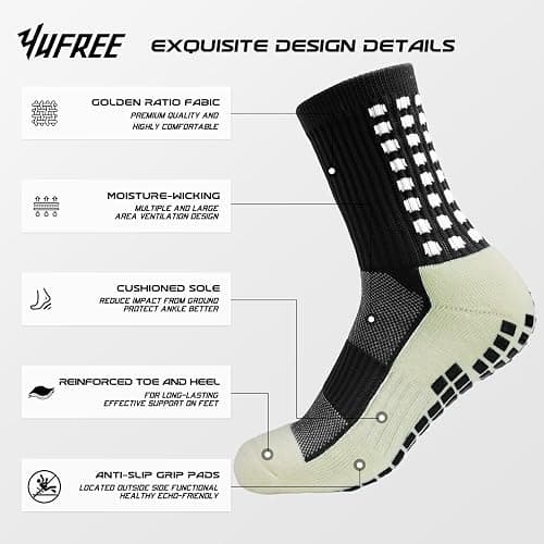 Yufree Soccer Grip Socks for Ultra Traction, 4 Pairs | Breathable moisture-wicking fabric, comfortable secure fit, wash-durable construction, built for training and games thumbnail 3