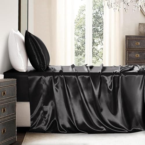 GOLAL Satin Sheets Twin Size - 3 Pieces Luxury Silky Soft Bed Sheets for Kids, Wrinkle-Free Black Satin Silk Sheet Set with 1 Deep Pocket Fitted Sheet, 1 Flat Sheet, 1 Pillow case thumbnail 8