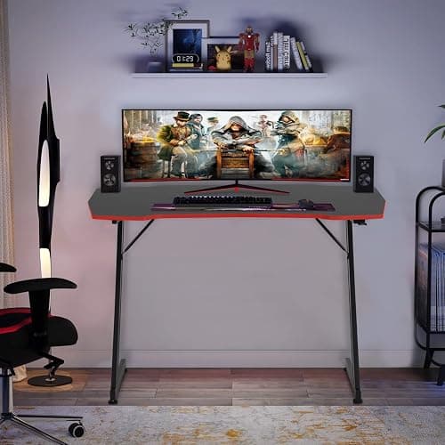BestOffice Gmaing Desk Z Shaped 47 inch PC Computer Desk Computer Workstation Ergonomic Gaming Table with Headphone Hook for Game Players, Red thumbnail 4