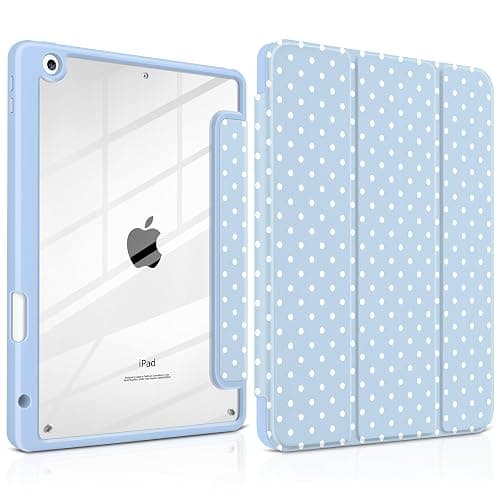 Yebiseven for iPad 9th 8th 7th Generation 10.2 Inch 2021 2020 2019 Case -[Built-in Pencil Holder], Shockproof Clear Hard Back, Slim Trifold Stand, Auto Wake/Sleep, for Girls teen Women, Blue white dot - Image 1