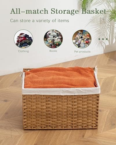 SETVSON Storage Basket with Lid Rattan Woven Storage Baskets with 2 Separate Lids, 17.2 Gallon (65 L), 22 x 13 x 13.8 Inches,Foldable, 2 Removable Liner Bags Handles for Bedroom, Laundry Room Natural thumbnail 6