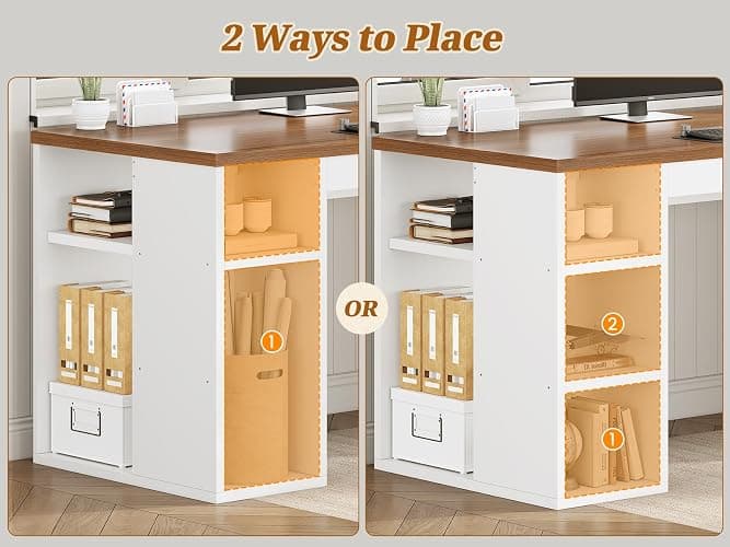 SEDETA Farmhouse 96.5" Computer Desk with Drawers, 2 Person Home Office Desk, Gaming Double Desk with Storage Shelves, Long Two Person Writing Desk (White and Brown) thumbnail 6