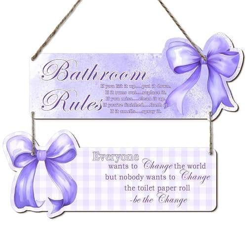 Purple Bow Bathroom Wall Decor - Set of 2 Fun Rustic Wooden Signs, Teen Bedroom Decor, Suitable for Teen and Girl Bedrooms, Gifts for Daughters and Besties - Image 1