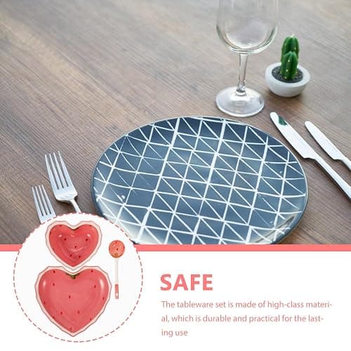 Ceramic Bowl Plate with Spoon Heart Shaped Strawberry Bowl Salad Dessert Snack Appetizer Plates for Soup Cereal Nuts Oatmeal Fruit Prep Sushi Plate Set thumbnail 7