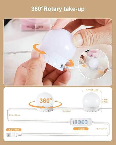 Yarnock 14 Bulbs LED Vanity Lights for Mirror, 3000K 4000K 6500K & 10-Brightness, Wire Length Adjustable, USB Cable, Hollywood Mirror Lights for Makeup Dressing Room Bathroom, White thumbnail 4