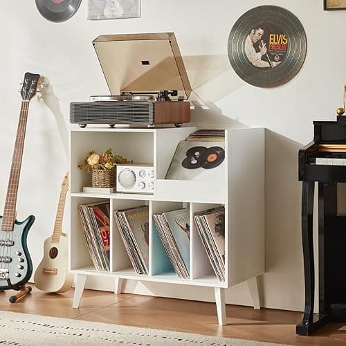 LELELINKY Large Record Player Stand, Turntable Stand with Storage, Vinyl Record Holder with Display Area, Record Player Table Holds Up to 300 Albums, Record Stand for Music Room Living Room-White thumbnail 8